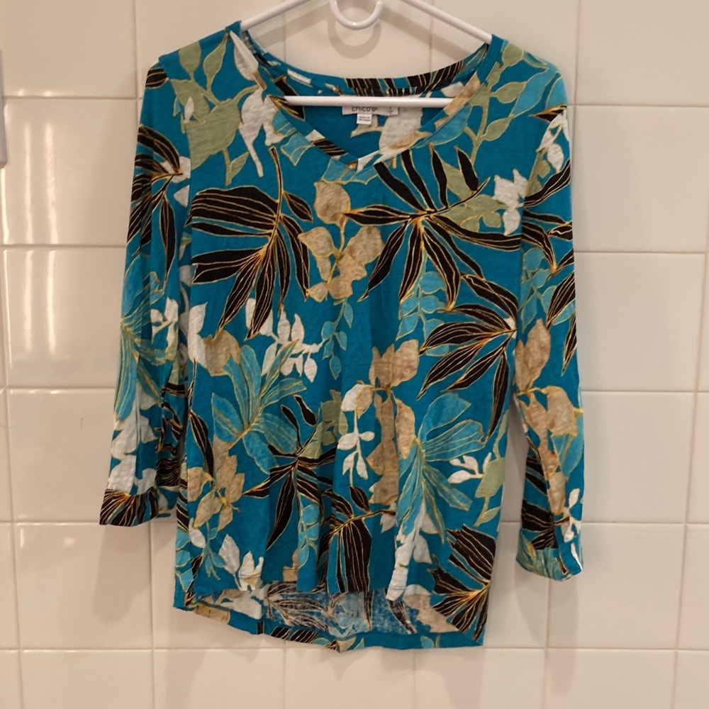 Chico's Floral 3/4 Sleeve Tops - Blue and Green - Picture 10 of 11